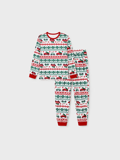 Christmas Matching Family Pajamas Set Snowflake and Car Print PJS with Christmas Socks Red