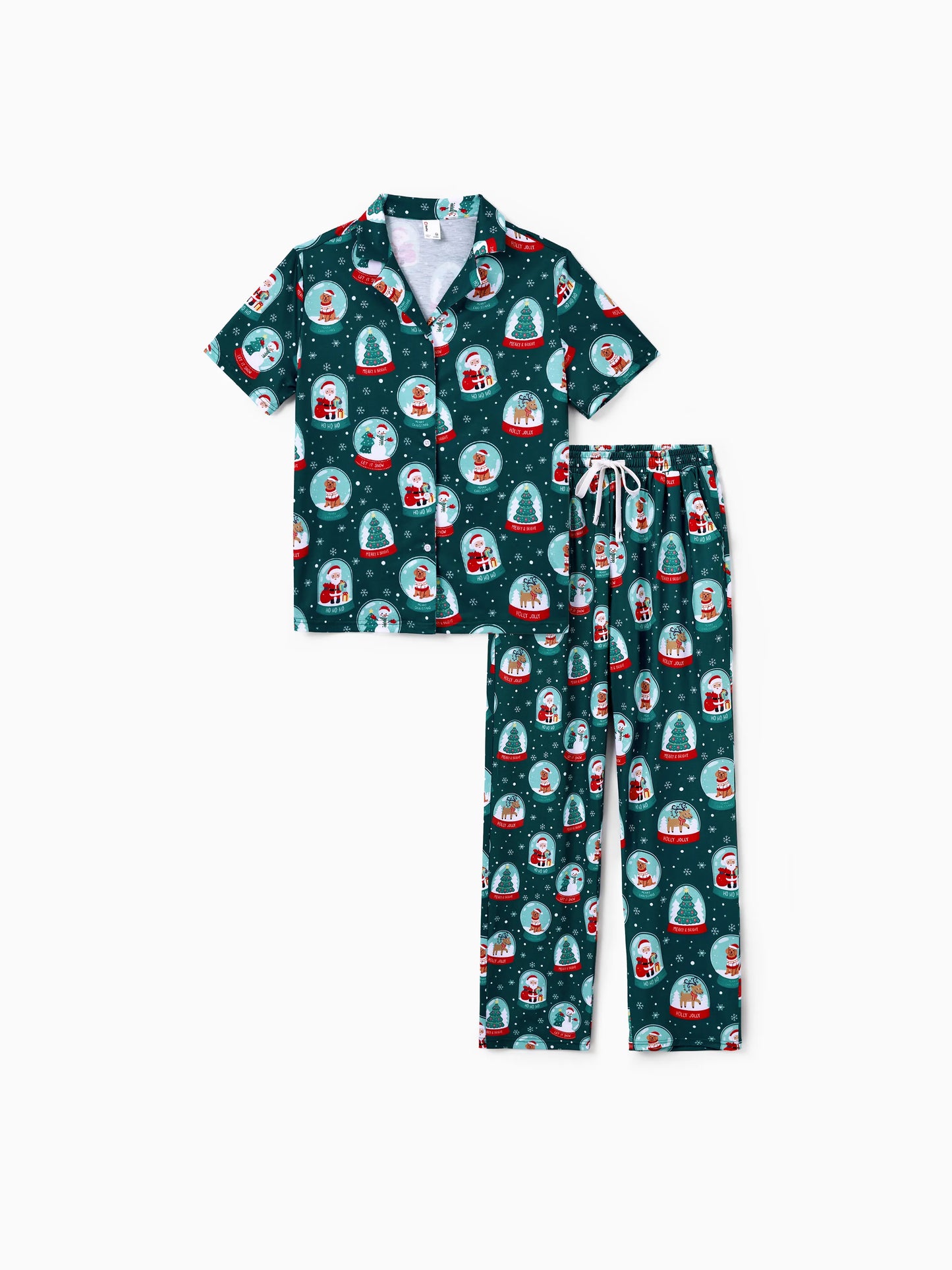 Conjunto de Pijamas Coordinados para a Família com Tema de Natal - Estampa do Pai Natal - Turquesa