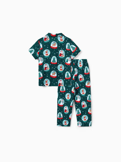 Conjunto de Pijamas Coordinados para a Família com Tema de Natal - Estampa do Pai Natal - Turquesa