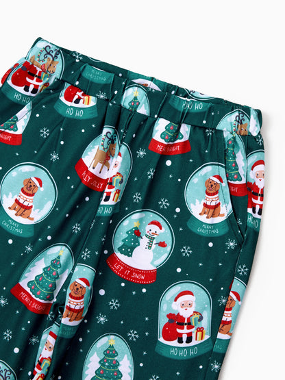 Conjunto de Pijamas Coordinados para a Família com Tema de Natal - Estampa do Pai Natal - Turquesa
