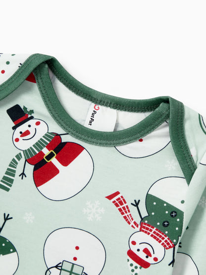 Christmas Matching Family Pajamas Set Christmas Snowman Print PJS with Christmas Socks Mint Green