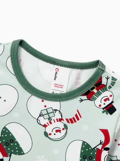 Christmas Matching Family Pajamas Set Christmas Snowman Print PJS with Christmas Socks Mint Green