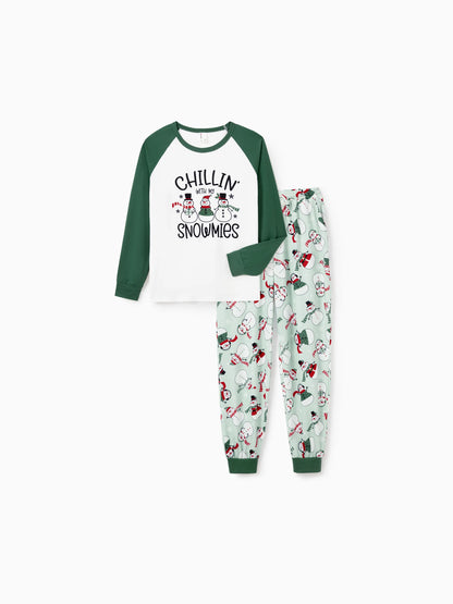 Christmas Matching Family Pajamas Set Christmas Snowman Print PJS with Christmas Socks Mint Green