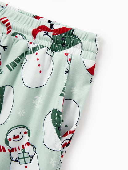 Christmas Matching Family Pajamas Set Christmas Snowman Print PJS with Christmas Socks Mint Green