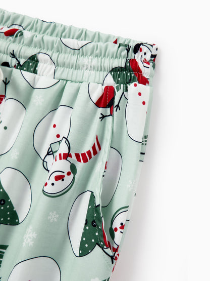 Christmas Matching Family Pajamas Set Christmas Snowman Print PJS with Christmas Socks Mint Green
