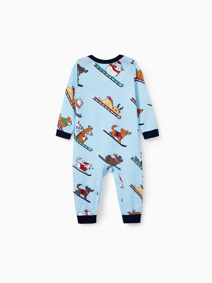 Christmas Matching Family Pajamas Set Sled Dogs Print PJS with Christmas Socks Blue