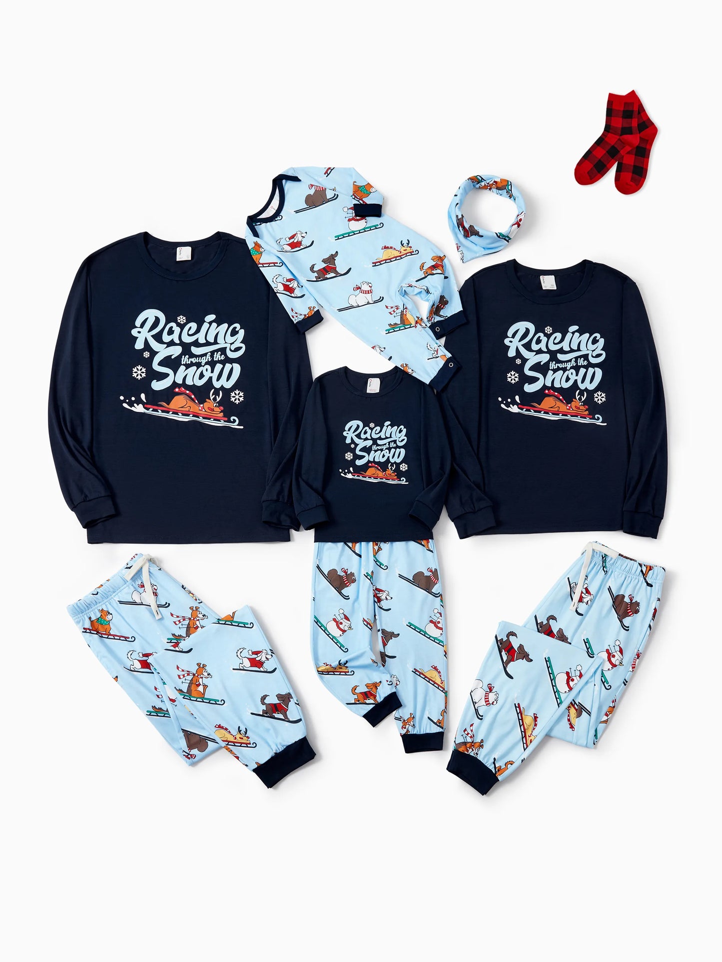 Christmas Matching Family Pajamas Set Sled Dogs Print PJS with Christmas Socks Blue
