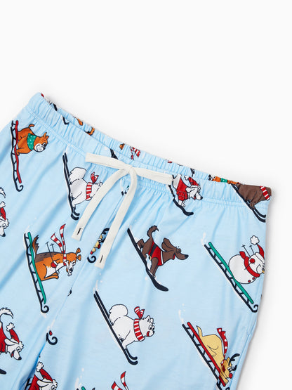 Christmas Matching Family Pajamas Set Sled Dogs Print PJS with Christmas Socks Blue