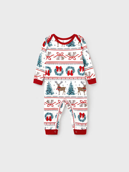 Christmas Matching Family Pajamas Set Christmas Elk and Bell Print Striped PJS with Christmas Socks White