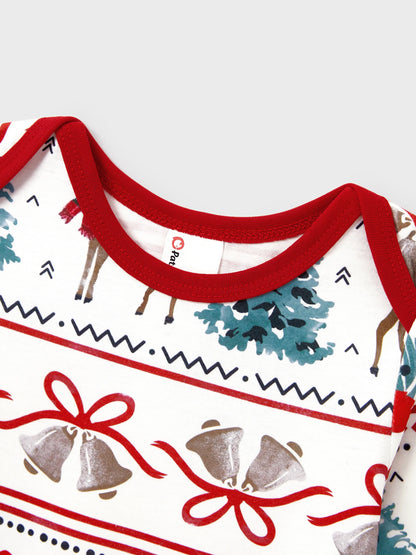 Christmas Matching Family Pajamas Set Christmas Elk and Bell Print Striped PJS with Christmas Socks White