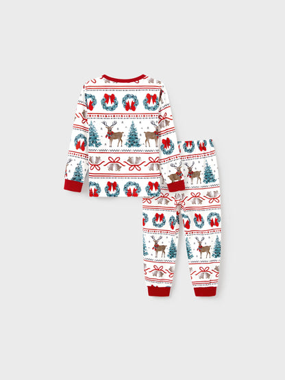 Christmas Matching Family Pajamas Set Christmas Elk and Bell Print Striped PJS with Christmas Socks White