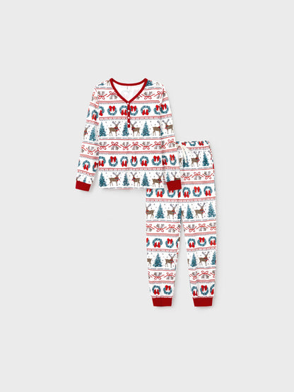 Christmas Matching Family Pajamas Set Christmas Elk and Bell Print Striped PJS with Christmas Socks White