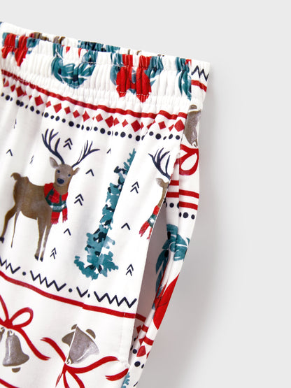 Christmas Matching Family Pajamas Set Christmas Elk and Bell Print Striped PJS with Christmas Socks White