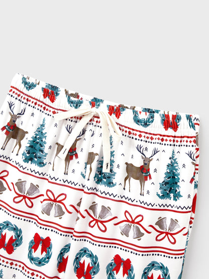 Christmas Matching Family Pajamas Set Christmas Elk and Bell Print Striped PJS with Christmas Socks White