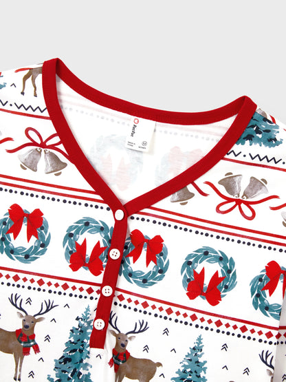 Christmas Matching Family Pajamas Set Christmas Elk and Bell Print Striped PJS with Christmas Socks White
