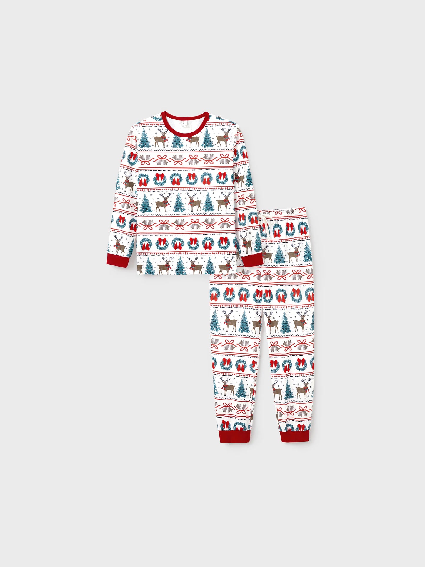 Christmas Matching Family Pajamas Set Christmas Elk and Bell Print Striped PJS with Christmas Socks White