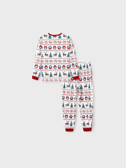Christmas Matching Family Pajamas Set Christmas Elk and Bell Print Striped PJS with Christmas Socks White