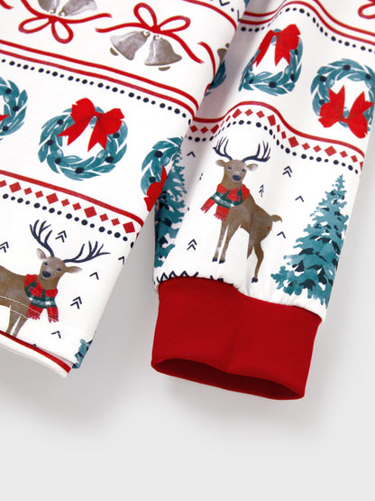 Christmas Matching Family Pajamas Set Christmas Elk and Bell Print Striped PJS with Christmas Socks White