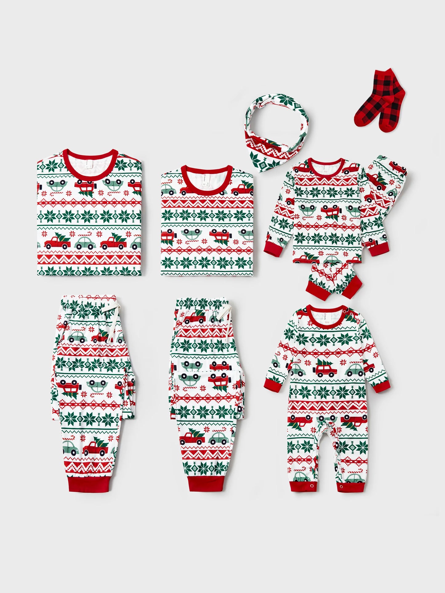 Christmas Matching Family Pajamas Set Snowflake and Car Print PJS with Christmas Socks Red