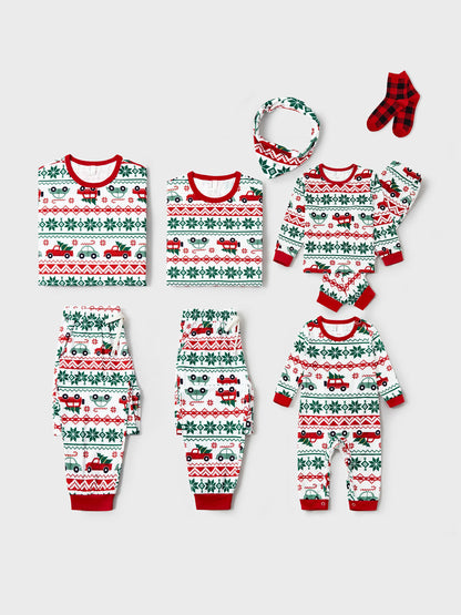 Christmas Matching Family Pajamas Set Snowflake and Car Print PJS with Christmas Socks Red