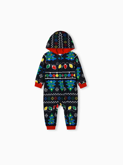 Christmas Onesies Matching Family Pajamas Set Christmas Tree Print PJS with Christmas Socks Black