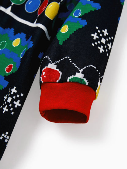 Christmas Onesies Matching Family Pajamas Set Christmas Tree Print PJS with Christmas Socks Black