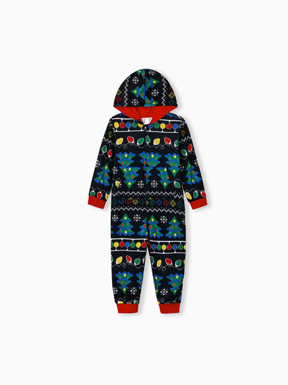 Christmas Onesies Matching Family Pajamas Set Christmas Tree Print PJS with Christmas Socks Black
