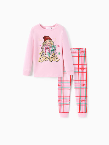 Conjunto de Pijamas Ajustados em Algodão Orgânico Rosa Barbie Christmas Mommy
