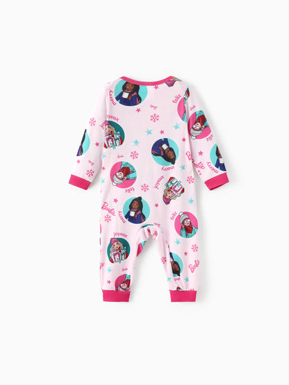 Conjunto de Pijamas de Natal em Conjunto para Família com Flocos de Neve e Meias de Natal Barbie - Cor de Rosa