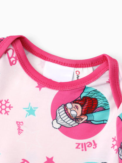Conjunto de Pijamas de Natal em Conjunto para Família com Flocos de Neve e Meias de Natal Barbie - Cor de Rosa