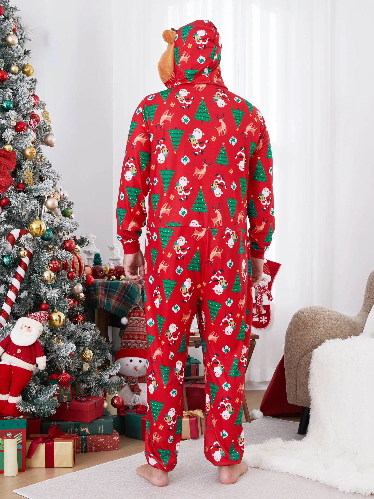 Christmas Family Pajamas Sets 3D Reindeer Hooded Allover Print Onesies with Christmas Socks Red-2
