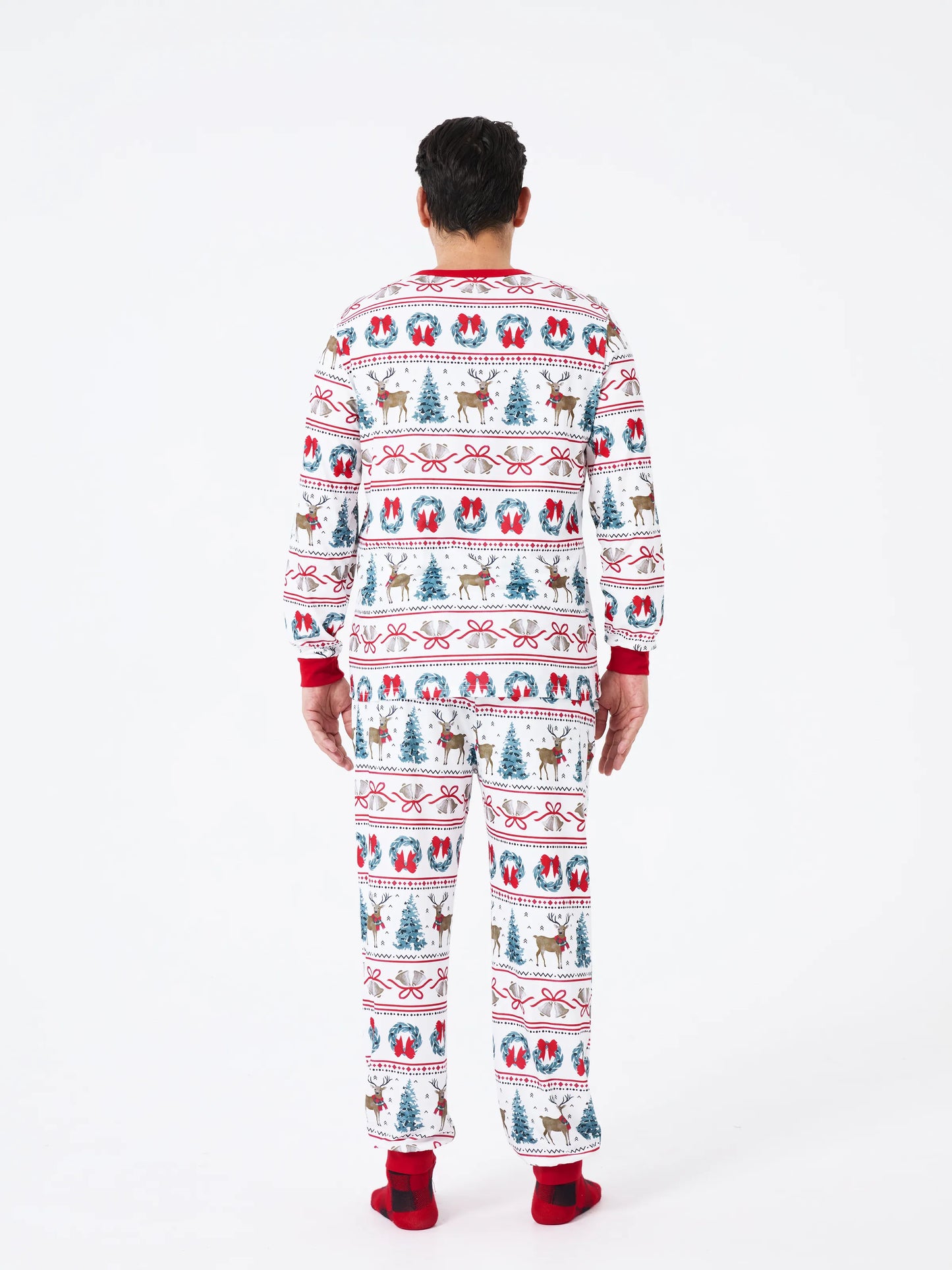 Christmas Matching Family Pajamas Set Christmas Elk and Bell Print Striped PJS with Christmas Socks White