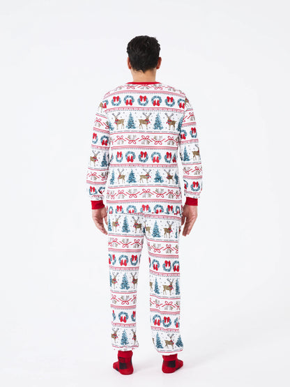 Christmas Matching Family Pajamas Set Christmas Elk and Bell Print Striped PJS with Christmas Socks White