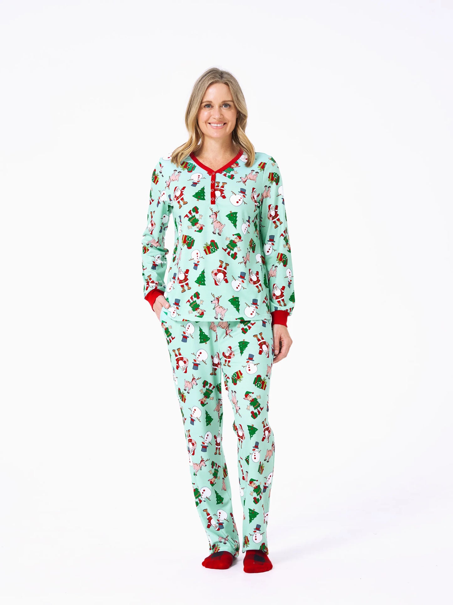 Christmas Matching Family Pajamas Set Reindeer Christmas-themed Print PJS with Christmas Socks Pale Green