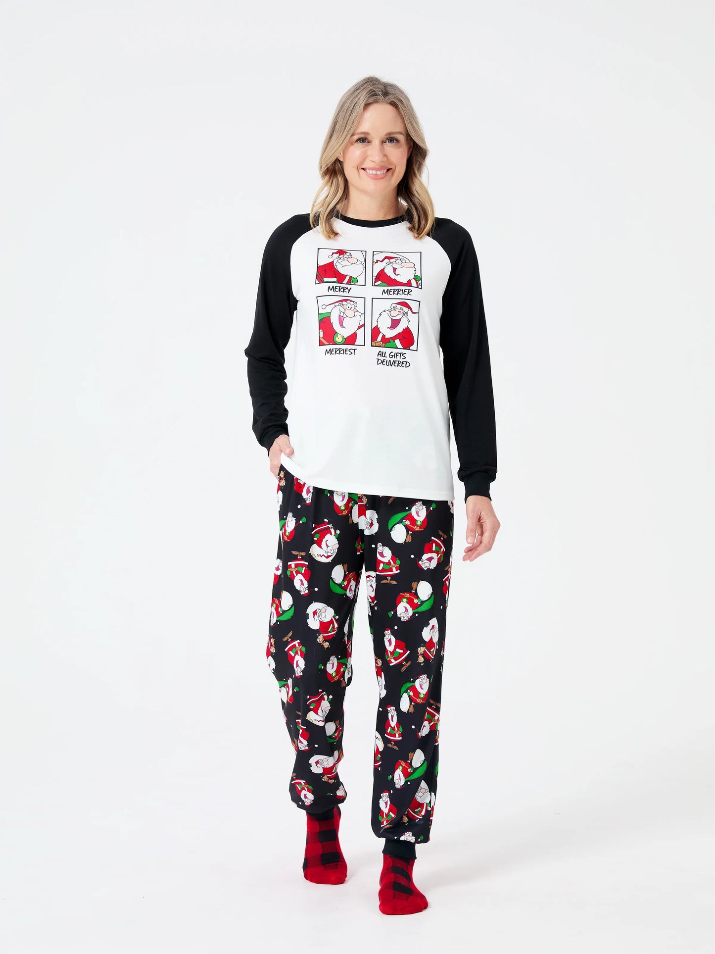 Christmas Matching Family Pajamas Set Christmas Santa Print Black and White PJS with Christmas Socks Black