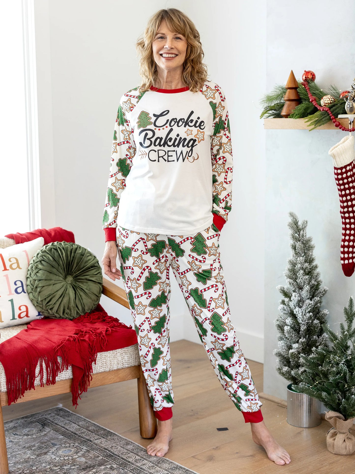 Christmas Matching Family Pajamas Set Christmas Tree Print Red and Apricot PJS with Christmas Socks Apricot
