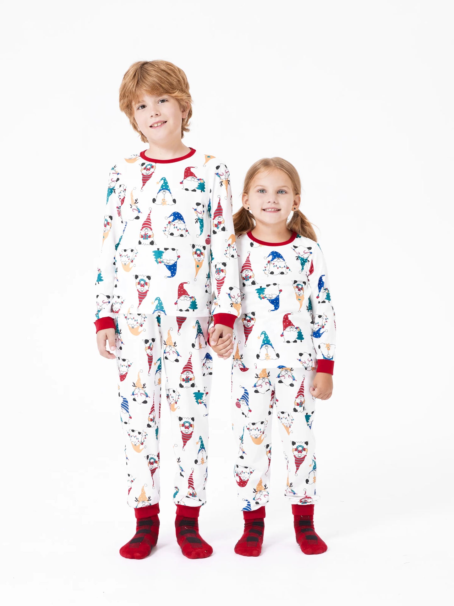 Christmas Matching Family Pajamas Set Christmas Gnome Print PJS with Christmas Socks Red