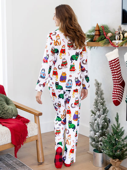 Conjunto de Pijamas de Natal para a Família com Estampa de Gato de Natal e Meias de Natal Multicoloridas