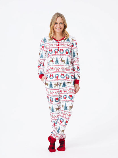 Christmas Matching Family Pajamas Set Christmas Elk and Bell Print Striped PJS with Christmas Socks White