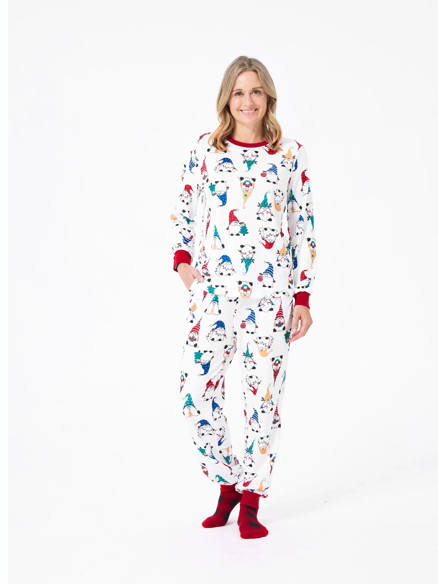 Christmas Matching Family Pajamas Set Christmas Gnome Print PJS with Christmas Socks Red