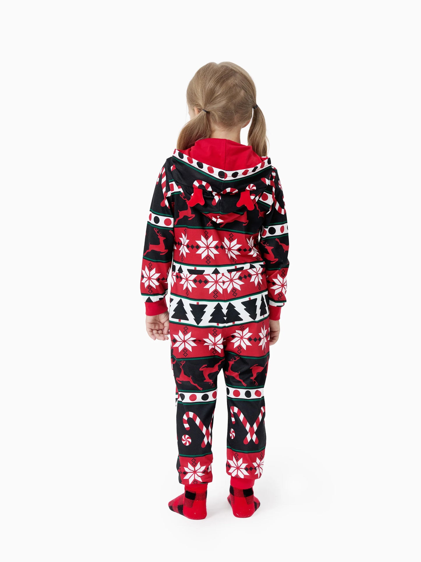 Christmas Pajamas 3D Reindeer Pattern Zipper Hooded Onesies Matching Family Outfits red/black