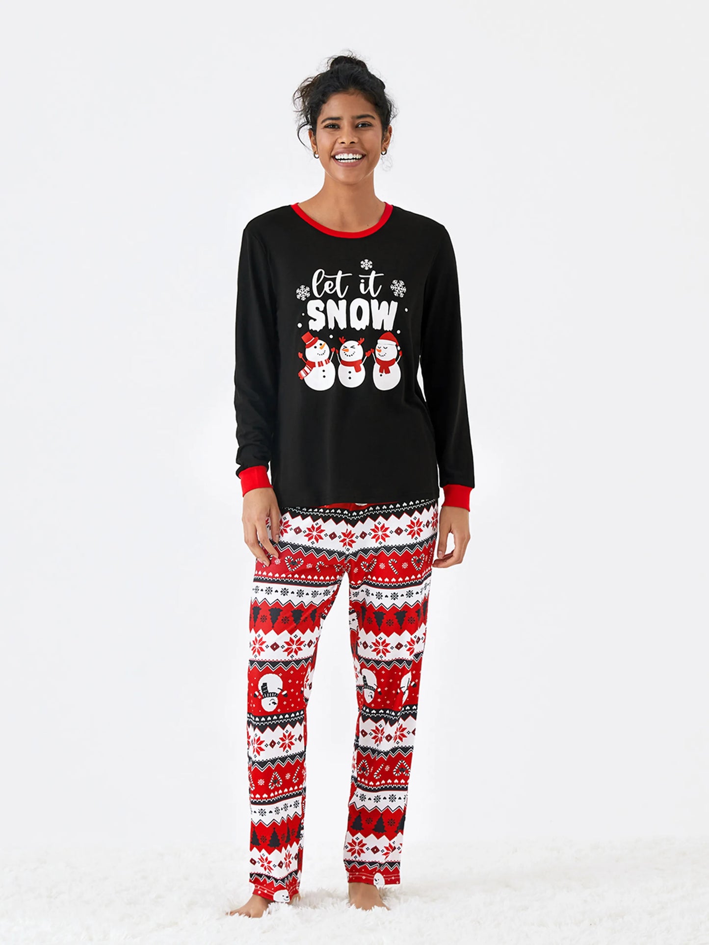 Christmas Family Pajamas Set Snowman Print Long-sleeve PJS with Christmas Socks Black