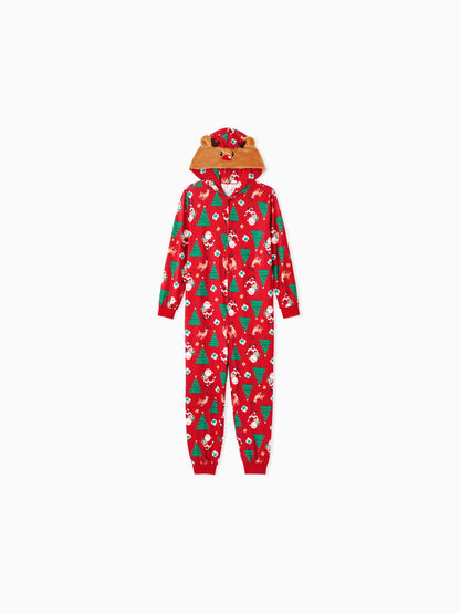 Christmas Family Pajamas Sets 3D Reindeer Hooded Allover Print Onesies with Christmas Socks Red-2