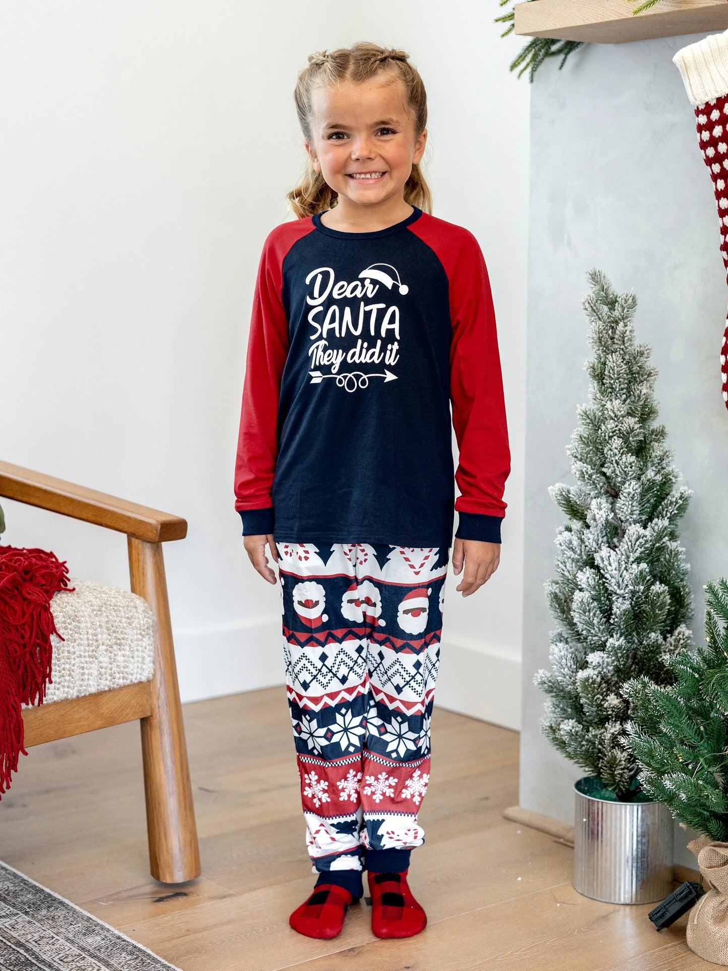 Christmas Matching Family Pajamas Set Glow In The Dark Santa Claus Print PJS with Christmas Socks Deep Blue