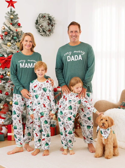Conjunto de Pijamas de Natal em Família com Mangas Longas – T-Shirts Verdes Muito Felizes e Calças com Padrão, Inclui Meias de Natal – Verde Primavera Médio