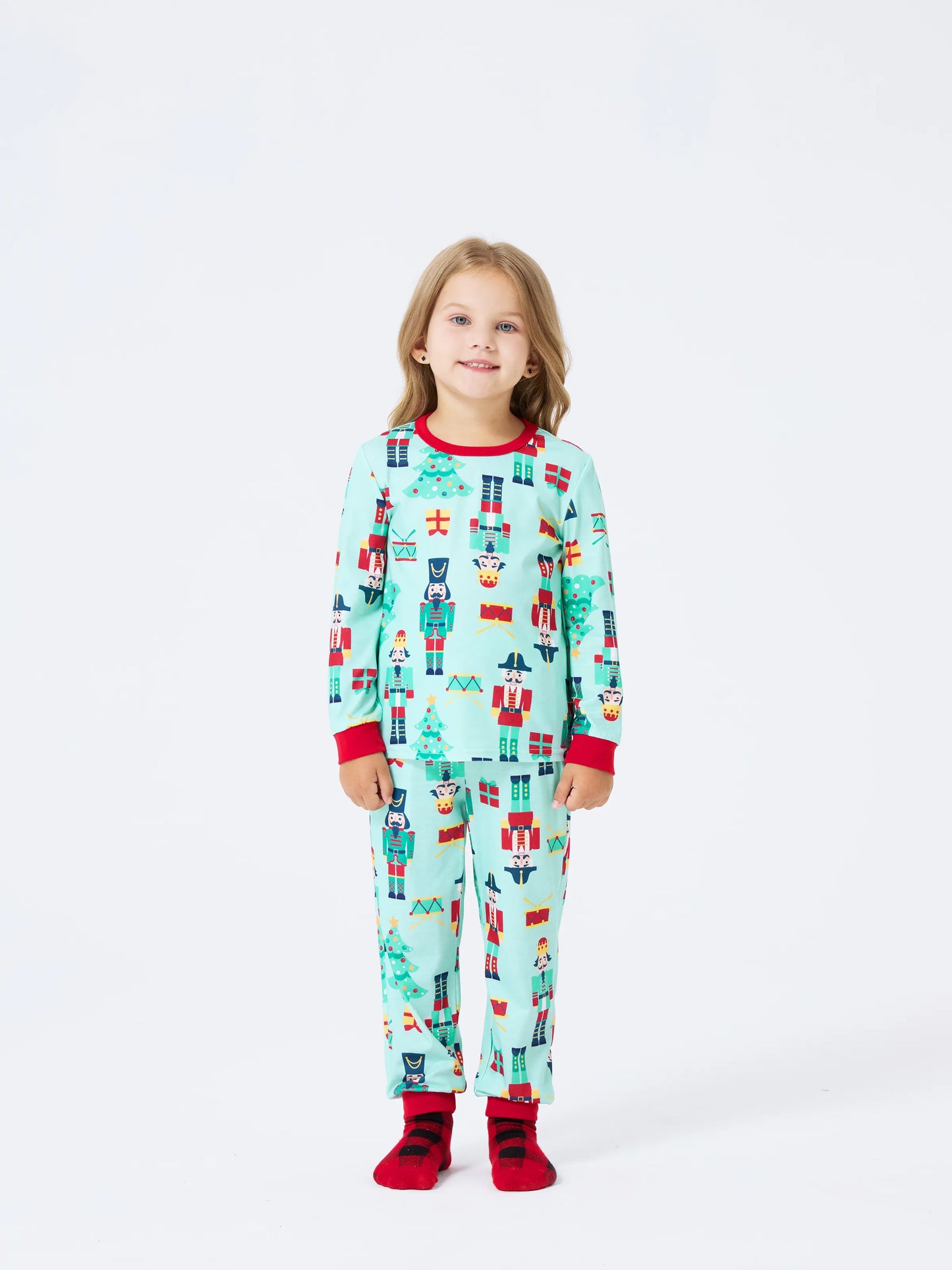 Christmas Matching Family Pajamas Set Soldier and Christmas Tree Print PJS with Christmas Socks Pale Green