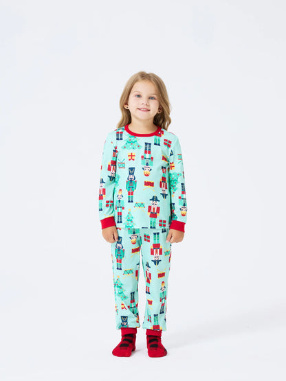 Christmas Matching Family Pajamas Set Soldier and Christmas Tree Print PJS with Christmas Socks Pale Green