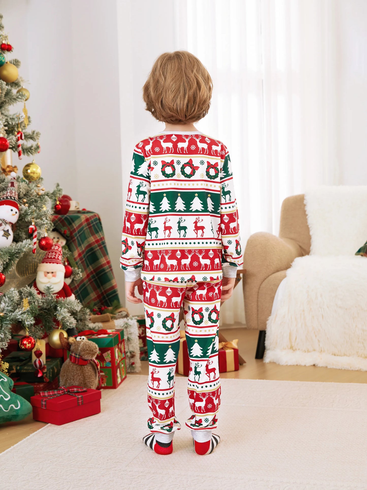 Christmas Pajamas Family Matching Allover Reindeer/Xmas Tree Pattern PJs Sets with Christmas Socks ColorBlock