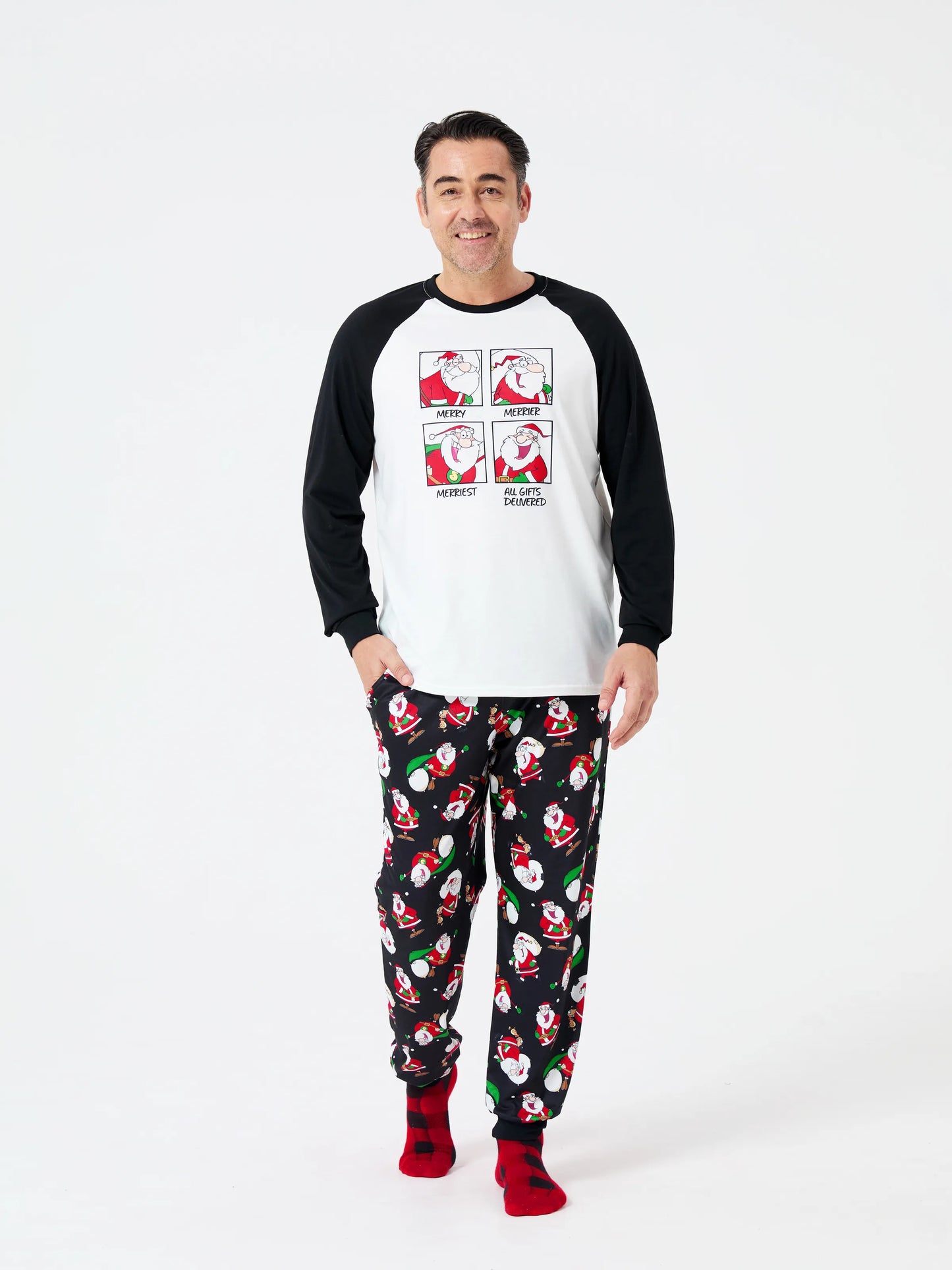 Christmas Matching Family Pajamas Set Christmas Santa Print Black and White PJS with Christmas Socks Black