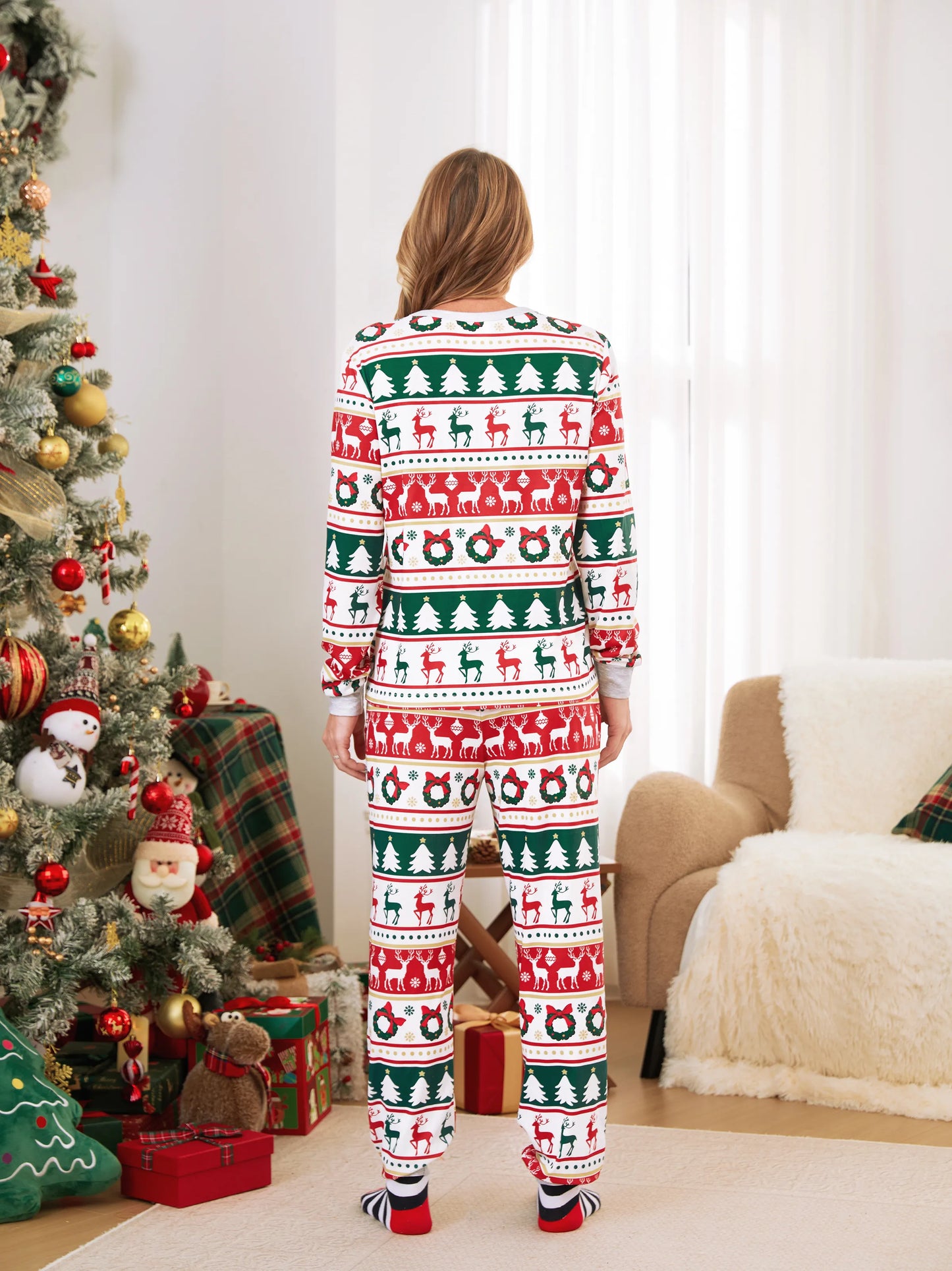 Christmas Pajamas Family Matching Allover Reindeer/Xmas Tree Pattern PJs Sets with Christmas Socks ColorBlock